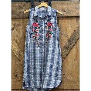 Kyla Sea Women’s Sz M Shirtdress Blue Plaid Sleeveless Floral Embroidery Pockets